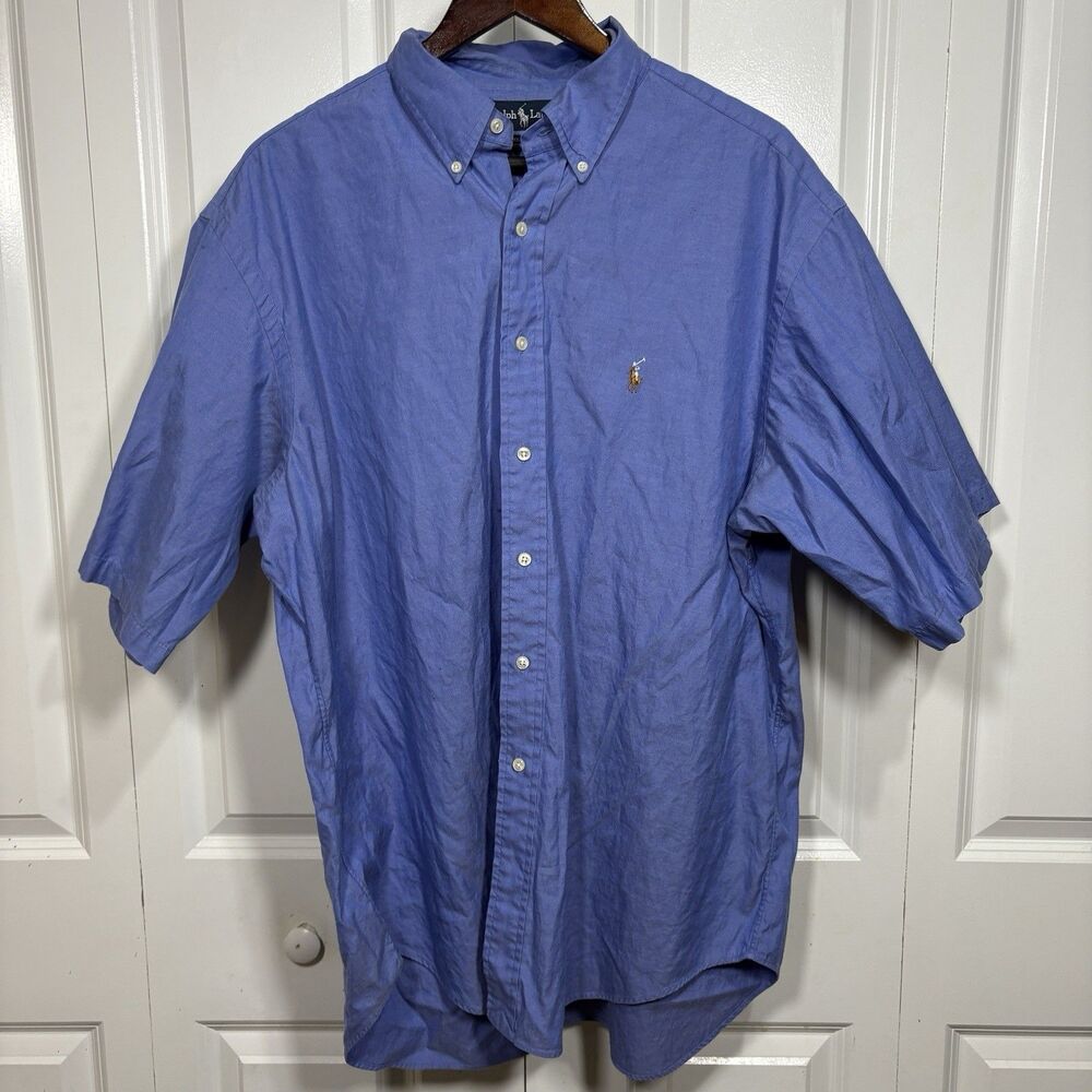 Ralph Lauren Short Sleeve Shirt Men 17.5-36 Blue Oxford Embroidered Pony Classic